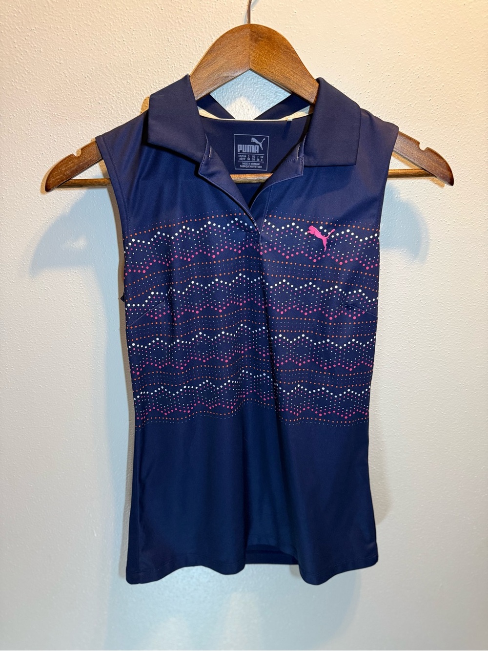 Puma Navy Polo with Pink Accent and Multicolor Dot Pattern